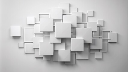 Minimalist abstract design featuring overlapping white and light grey squares with subtle shadows on a clean white background, evoking elegance and sophistication.