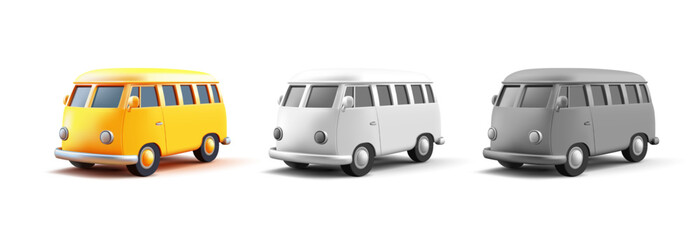 Set of color retro minibuses, campers, 3D. For road trips, adventures, and recreation. Realistic rendering on a white background. Vector