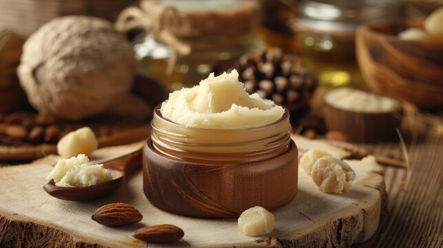 Shea butter and cosmetics composition on tabletop
