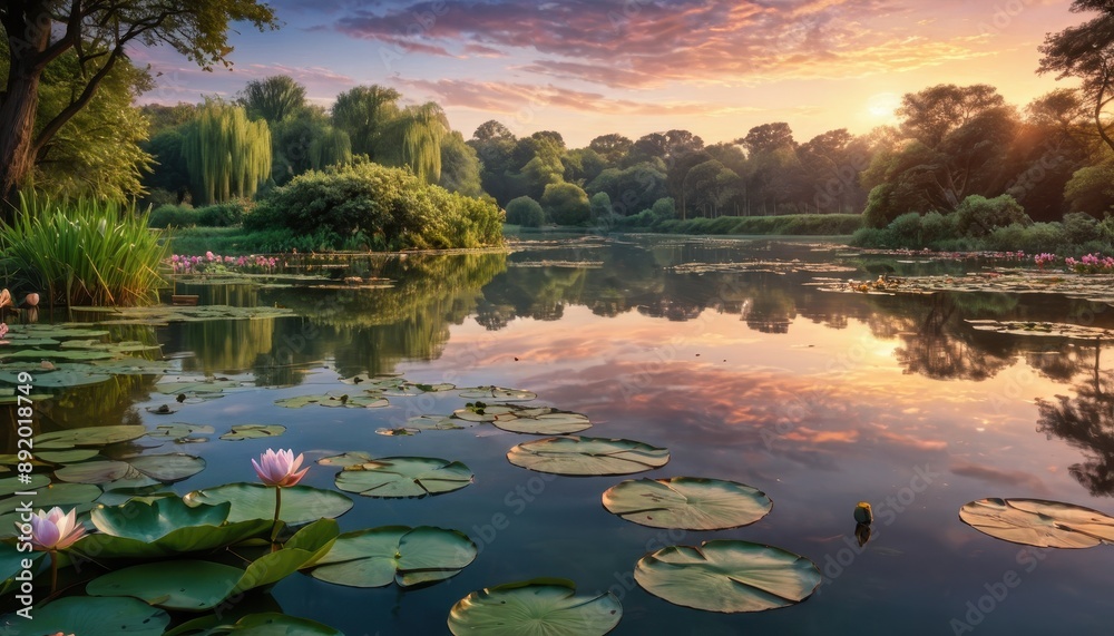 Poster tranquil sunset over lily pad pond.