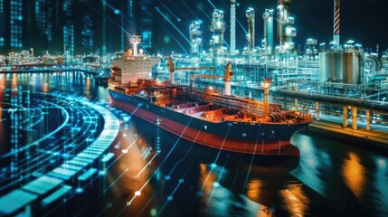 Obraz premium Oil ship in a modern refinery setting with digital data overlay, representing technology in energy, oil ship, refinery