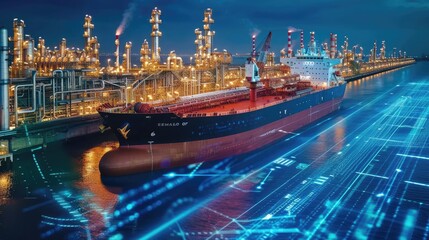 Oil ship in a modern refinery setting with digital data overlay, representing technology in energy, oil ship, refinery