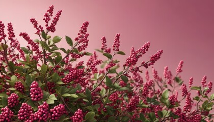 Fototapeta premium Pink Berries and Green Leaves on a Pink Background.