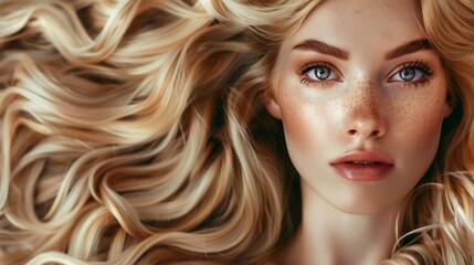 Naklejka premium Portrait of beautiful blonde girl with long wavy shiny hair.