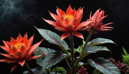 Red Tropical Flower with Smoke and Dark Background.