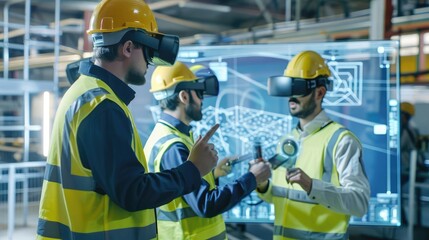 Team of engineers using augmented reality for complex project planning, technology, digital planning