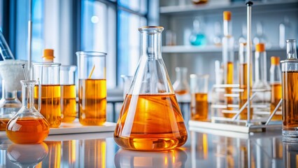 Orange liquid fills a flask on a white lab bench amidst erlenmeyer flasks, beakers, and other glassware, evoking a sense of chemistry research and experimentation.
