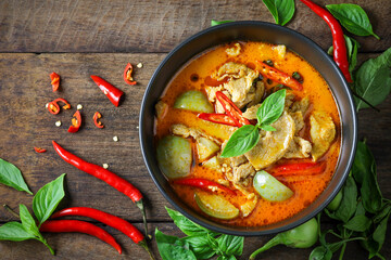 Thai food, red curry with pork, red curry with pork is a popular food. Spicy food, original Thai food concept.