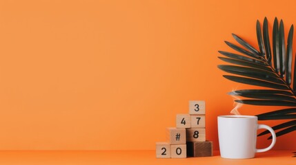 Minimalistic workspace with a white coffee mug, wooden blocks, and a green plant against an orange background. Perfect for productivity themes.