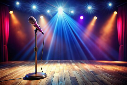 Empty stage spotlight shines bright on a solo microphone standing tall, awaiting a confident performer at a lively open mic night event. - Powered by Adobe
