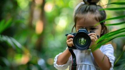 Little girl holding a camera, capturing photos of nature, aspiring photographer, creative career