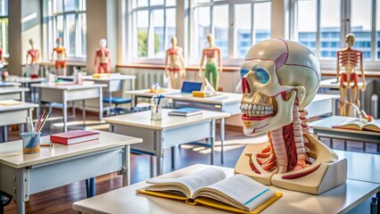 A bright classroom setting with dental models, medical books, and anatomy charts, representing the pursuit of knowledge and professional development in healthcare education.
