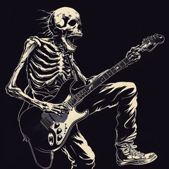 skeleton riffing some solos with his electric guitar. good for metal bands very beautiful album covers and promotional material