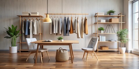 Stylish minimalist space with organized clothing racks, wooden table, and elegant chair, perfect for a personalized fashion consultation and wardrobe makeover experience.