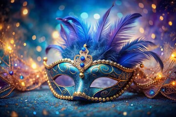 Vibrant blue feathered masquerade mask with intricate gold details and sparkling gems sits majestically against a soft, abstract blurred background of gentle purple hues.