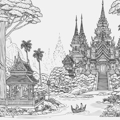 line art of a buddhist temple