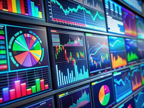 Close-up of a futuristic dashboard displaying colorful charts, graphs, and metrics on multiple screens, revealing strategic market analysis and data deciphering process.