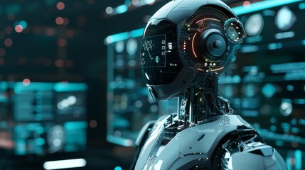 Fototapeta premium Advanced AI robot with a high-tech interface in a futuristic setting, perfect for innovation and technology marketing campaigns. 