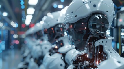 Fototapeta premium Line of advanced robots in a high-tech production environment, ideal for technology and automation marketing campaigns. 