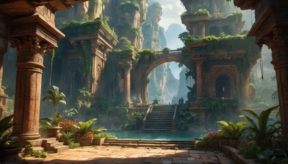 Ancient Ruins overgrown with lush vegetation.