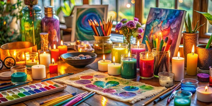 Vibrant paints, colorful markers, and eclectic art supplies scattered on a table, surrounded by calming candles and soothing natural lights, evoke emotional expression and healing.
