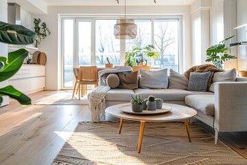 Modern Living Room with Beige Sofa, Wooden Coffee Table, and Natural Sunlight