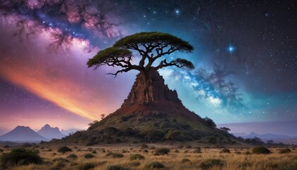 Lonely Tree Under Starry Sky.