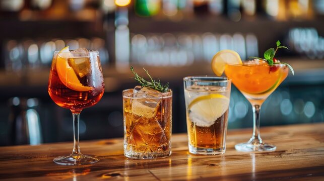 Different mixed drinks on wooden bar countertop