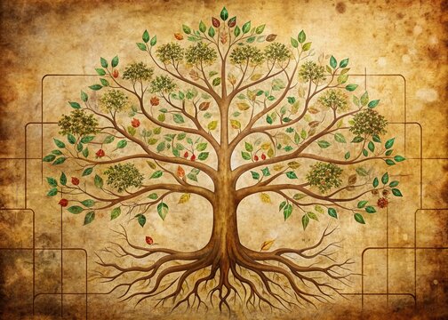 Illustrative family tree chart template showcasing ancestral connections, roots, and heritage, featuring interconnected branches, leaves, and nodes on a warm, vintage-inspired background.