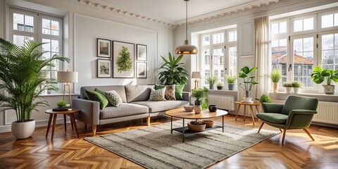 Fototapeta premium Elegant Scandinavian living room features a comfortable sofa, mid century furniture, cozy carpet, wooden floor, white walls, and lush greenery, exuding warmth and sophistication.