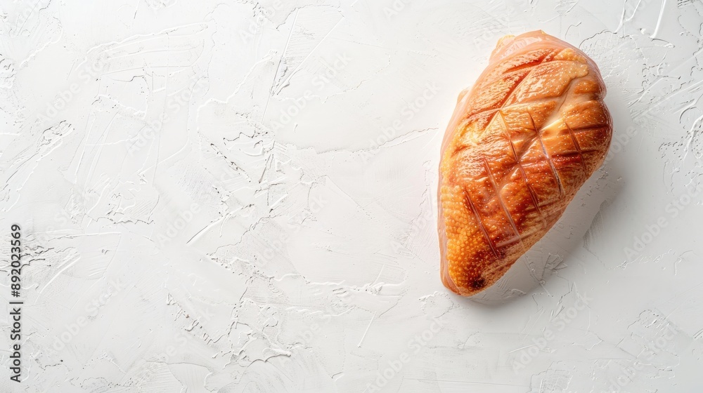 Poster smoked chicken breast on white backdrop with copy space