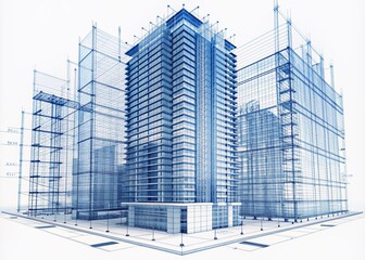 Architectural drawing of a modern high-rise building blueprint with intricate details and measurements laid out on a clean white background with subtle grid patterns.