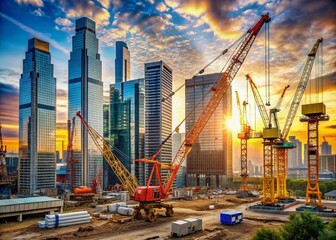 Massive cranes and powerful machinery dominate the landscape as sleek, modern buildings rise from the ground, symbolizing future innovation and economic growth.