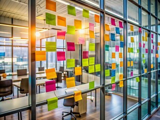 Colorful sticky notes are being arranged on a glass wall in a modern office, symbolizing creative project management and brainstorming ideas in a collaborative space.