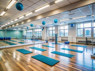 Empty gym studio with mirrors, exercise mats, and fitness equipment, awaiting a group fitness class, with a subtle blue tone and natural light.