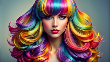 Vibrant, trendy hair wig with stylish design and luscious locks isolated on a clean background, showcasing a fashionable hairstyle concept in high definition.