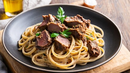 a close up of a plate of food, pasta linguine with fried chicken liver, side view