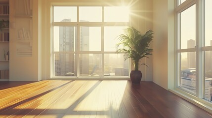 Fototapeta premium Sunlight streaming through large windows in a modern apartment
