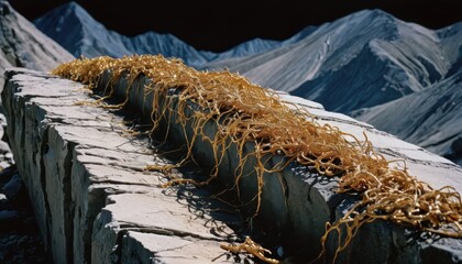 Fototapeta premium Golden Seaweed on a Rocky Shore.