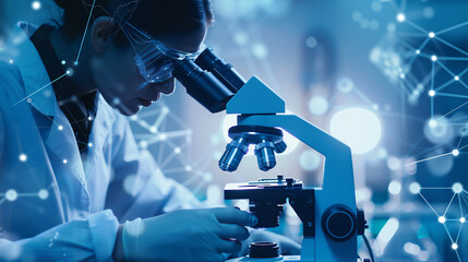 Research and development concept background showing a scientist or researcher using a microscope in a biotechnology laboratory. Overlay includes DNA strands and molecular symbols, illustrating