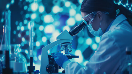 Research and development concept background showing a scientist or researcher using a microscope in a biotechnology laboratory. Overlay includes DNA strands and molecular symbols, illustrating