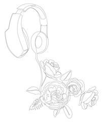 One continuous line of Headset with rose flowers. Thin Line Illustration vector concept. Contour Drawing Creative ideas.