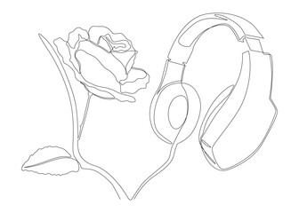 One continuous line of Headset with rose flowers. Thin Line Illustration vector concept. Contour Drawing Creative ideas.