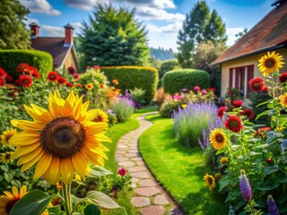 Obraz premium Vibrant green garden with sunflowers and colorful flowers in full bloom, a pathway and a blurred lawn suggesting a joyful family's outdoor playtime.