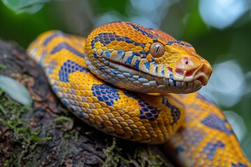 Fototapeta premium African Rock Python with its tail wrapped around a tree, Anger, Menacing, Full body view