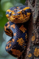 Obraz premium African Rock Python with its tail wrapped around a tree, Anger, Menacing, Full body view