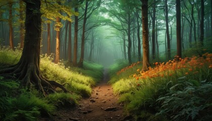 Fototapeta premium Sunbeams Through The Mist In A Mysterious Forest.