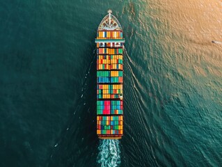 container ship in import export and business logistic.By crane ,Trade Port , Shipping.cargo to harbor.Aerial view.Water transport.International.Shell Marine.Top view.	