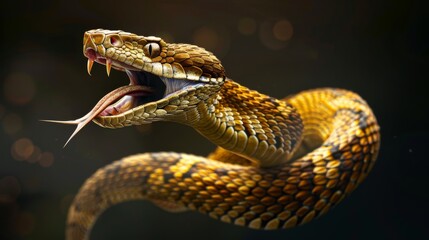 Obraz premium The dramatic lighting enhances the snake's gold and khaki scales, set against a dark, minimalistic background.