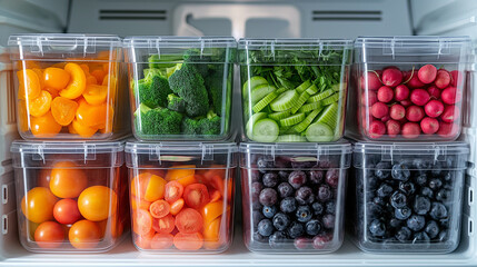 冷蔵庫の中が食品保存容器で一杯